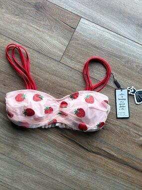 Retro Stage 1950’s Style Strawberry Print Bikini Top Tulle Ruffle Glitter Size S